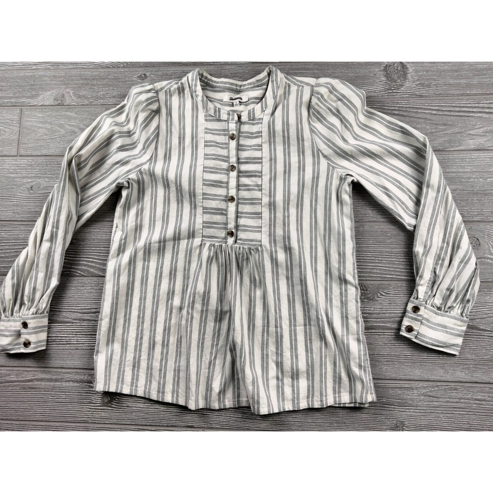 Madewell Women S Striped Blouse Long Sleeve Half Button Blue White Puff Sleeve